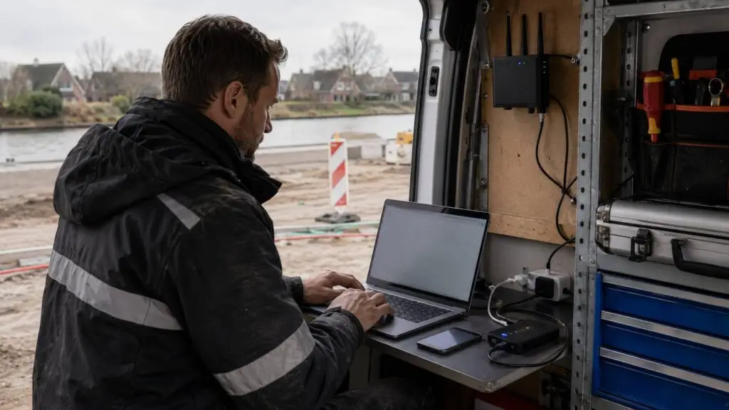 Mobiel internet voor onderweg werken met mobiele router en back-upverbinding op locatie
