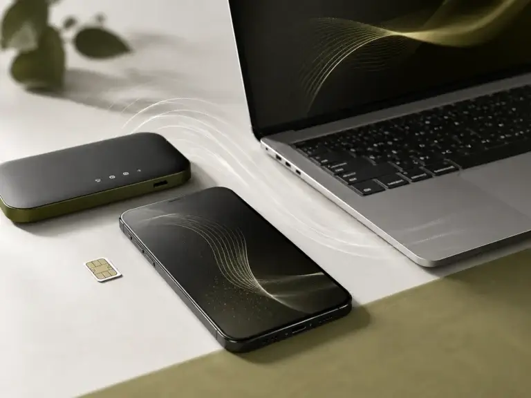 Smartphone, laptop, simkaart en mobiele hotspot als illustratie van mobiel internet vergelijken.