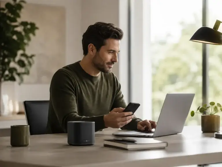 Man werkt thuis met laptop, smartphone en mobiele router voor een stabiele internetverbinding.