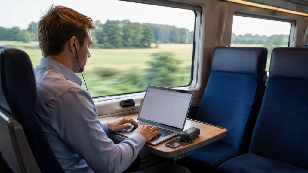 Mobiel internet voor onderweg werken met laptop en mobiele router tijdens een treinreis
