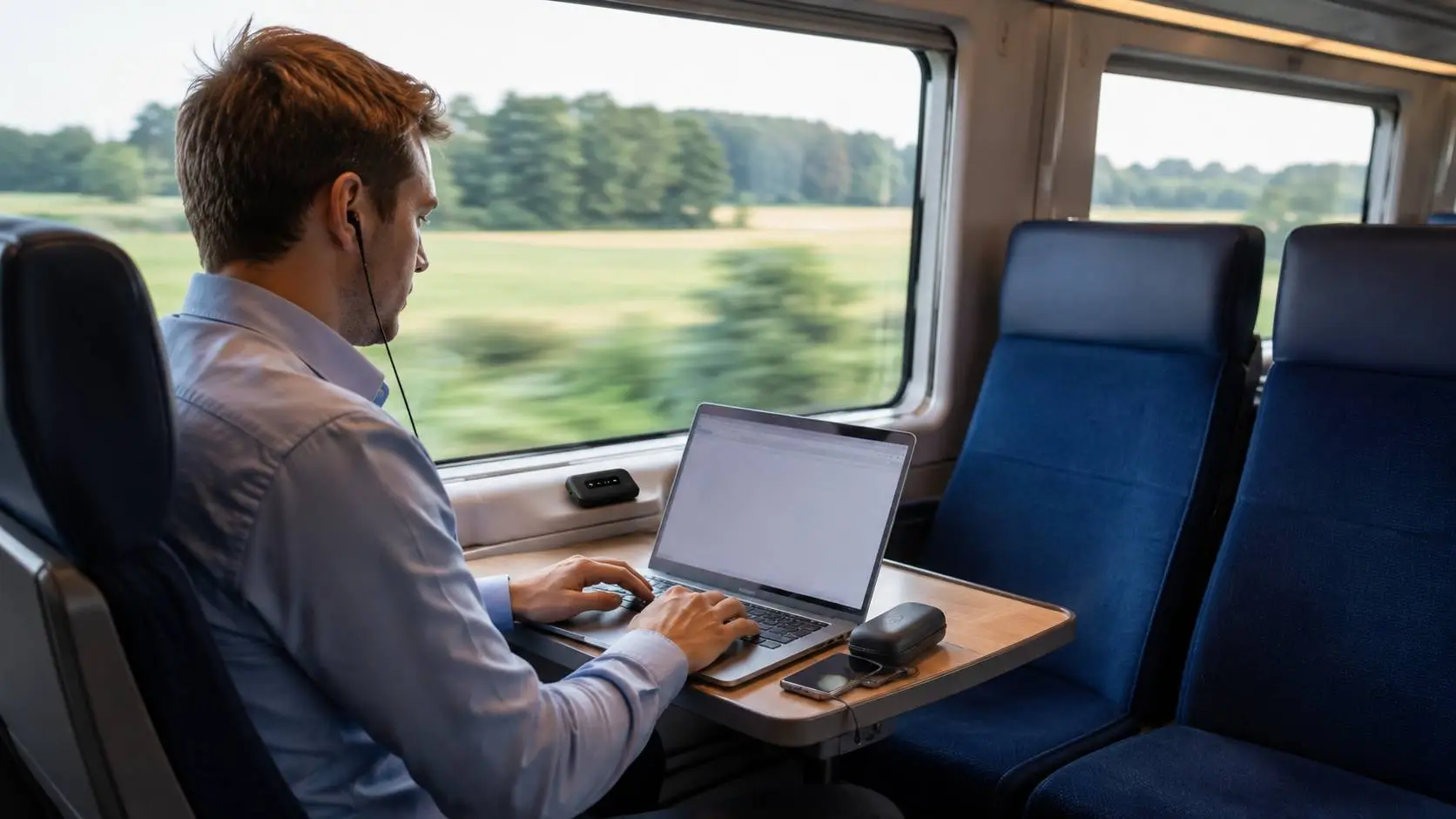 Mobiel internet voor onderweg werken met laptop en mobiele router tijdens een treinreis