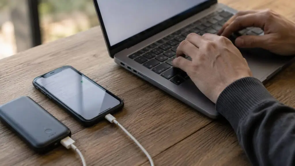 Laptop met mobiel internet via een smartphone-hotspot en externe stroomvoorziening