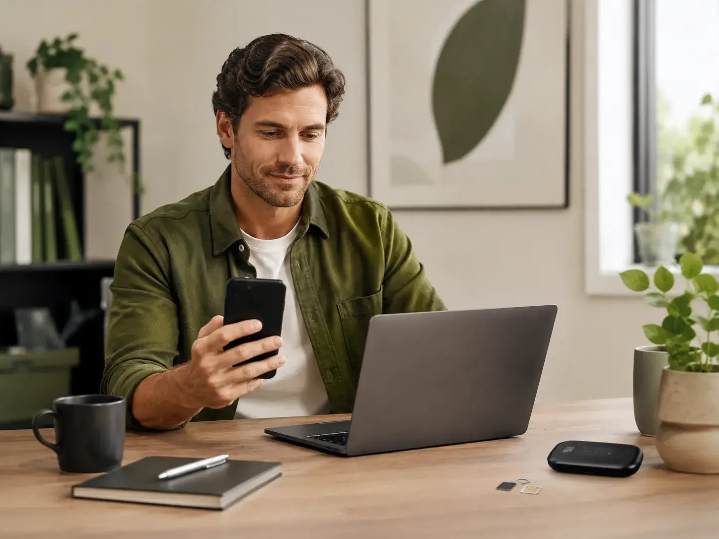 Man gebruikt smartphone en laptop aan een modern bureau om mobiel internet te vergelijken.