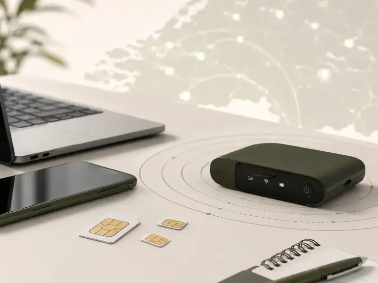 Laptop, smartphone, simkaarten en draagbare hotspot als illustratie van mobiel internet vergelijken.