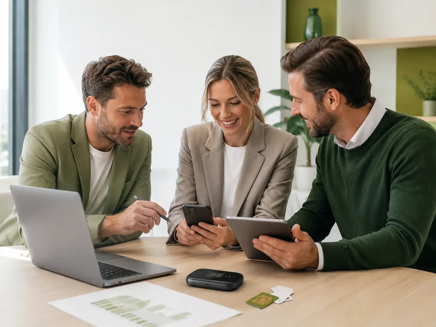Drie professionals overleggen samen met laptop, smartphone, tablet en mobiele hotspot over mobiel internet.