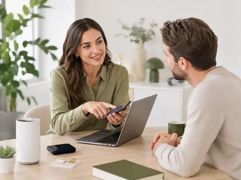 Vrouw legt mobiel internet uit aan een man met smartphone, laptop, router en simkaarten aan tafel.