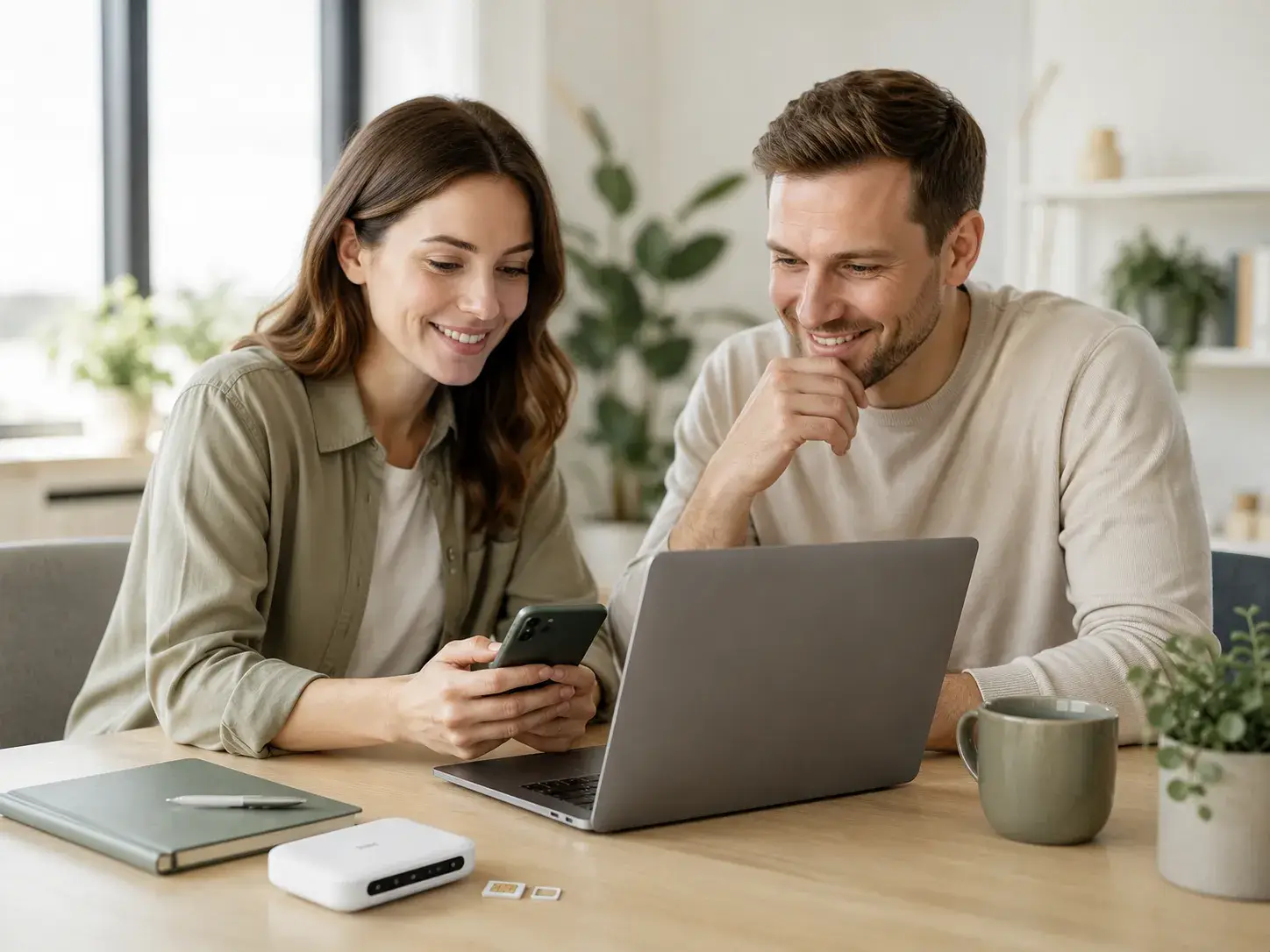 Man en vrouw bekijken samen een smartphone en laptop aan tafel met mobiele hotspot en simkaart voor registratie en samenwerking.